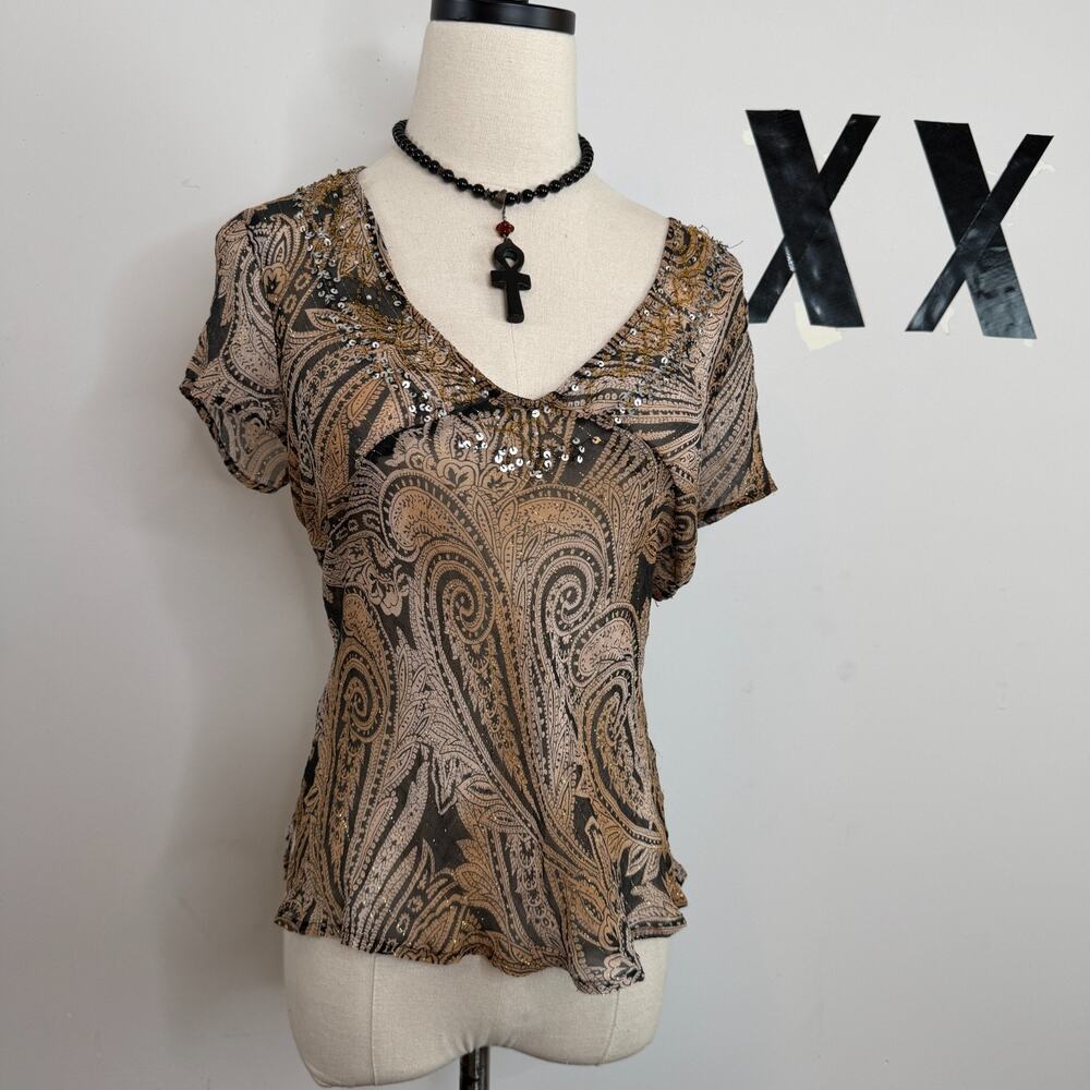 Vintage Y2K Sheer Paisley Silk Sequin Beaded Metallic V-Neck Fairy Top M